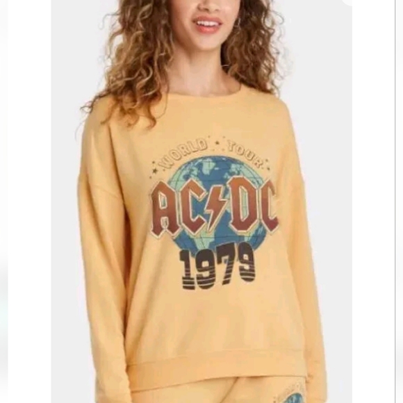 AC/DC~Retro 70's Yellow 1979 Tour Upcycled Oversized Sweatshirt - Picture 1 of 10